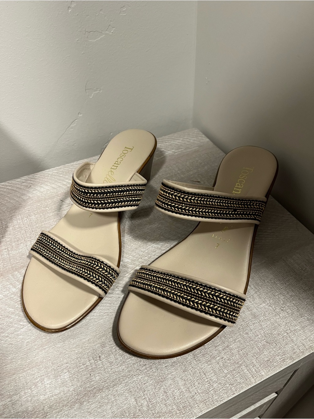 Toscane Two-Band Beige Braided Slide Sandals